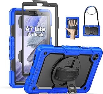 SEYMAC Case for Samsung Galaxy Tab A7 Lite 8.7" (SM-T220/ T225/ T227), Heavy Duty Full-Body Shockproof Protective Case with Screen Protector, Rotating Stand, Hand/Shoulder Strap, Blue