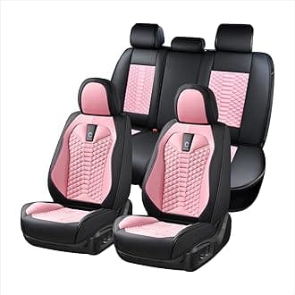 Coverado Car Seat Covers Full Set, 5 Seats Universal Seat Covers for Cars, Breathable Fabric& Faux Leather Auto Seat Cushions, Front and Rear Seat Protectors Fit for Most Sedans SUV Truck, Pink