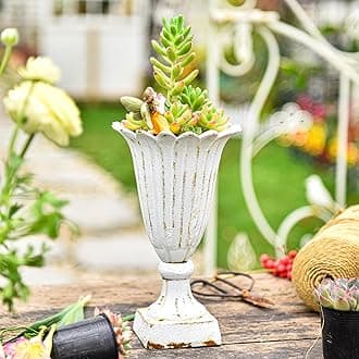 Sungmor Heavy Duty Cast Iron Decorative Vase, Unique Trumpet Shape, Rustic French Country Style, White, Perfect for Table Top, Indoor & Outdoor Use