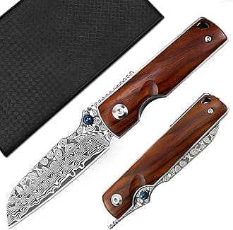 AUBEY EDC Damascus Folding Knife, Handmade Damascus Steel Pocket Knife with Leather Sheath, Wood Handle, Lined with Lock Device, Excellent Gift for Men