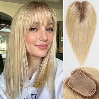 starluck Human Hair Toppers for Women Real Human Hair With Bangs 4 * 5.5 inch Base 12 inch SilkHug Topper for Women with Thinning Hair Cover Grey Roots(Ombre Light Blonde)