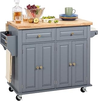 Rolling Kitchen Island With Drop Leaf, Thicken Rubberwood Top, Spice Rack, Towel Rack, Drawer, 43.3" Portable Mobile Kitchen Island Carts Table, Storage Cabinet, Both Wheels and Feet Included