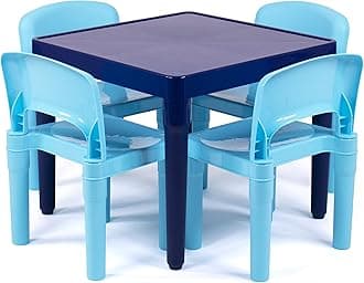 Kids Plastic Table and 4 Chairs Set, Multi-Blue Square Table with Lightweight Chairs, Durable Playroom Activity Furniture for Toddlers Ages 3-8, Easy Assembly