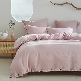 Simple&Opulence 100% Linen Duvet Cover Set 3pcs with Coconut Button Closure Natural French Washed Flax Solid Color Soft Breathable Farmhouse Bedding - Blush Pink, Queen Size