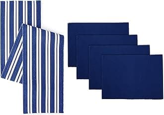 Encasa Dining Set (4 Placemats + 1 Table Runner) | Franca Blue | Ribbed Cotton | Over 20 Modern Colors & Woven Designs, Machine Washable