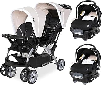 Infant and Toddler Double Stroller & 2 Car Seat Combo, 3 Pc Set, Khaki - Portable and Lightweight Stroller Duo and Car Seat Travel System Tandem