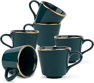 Shay Ceramic Tea Cup Set, Set of 6, Teal Green with Real Gold Line, 180ml | C...