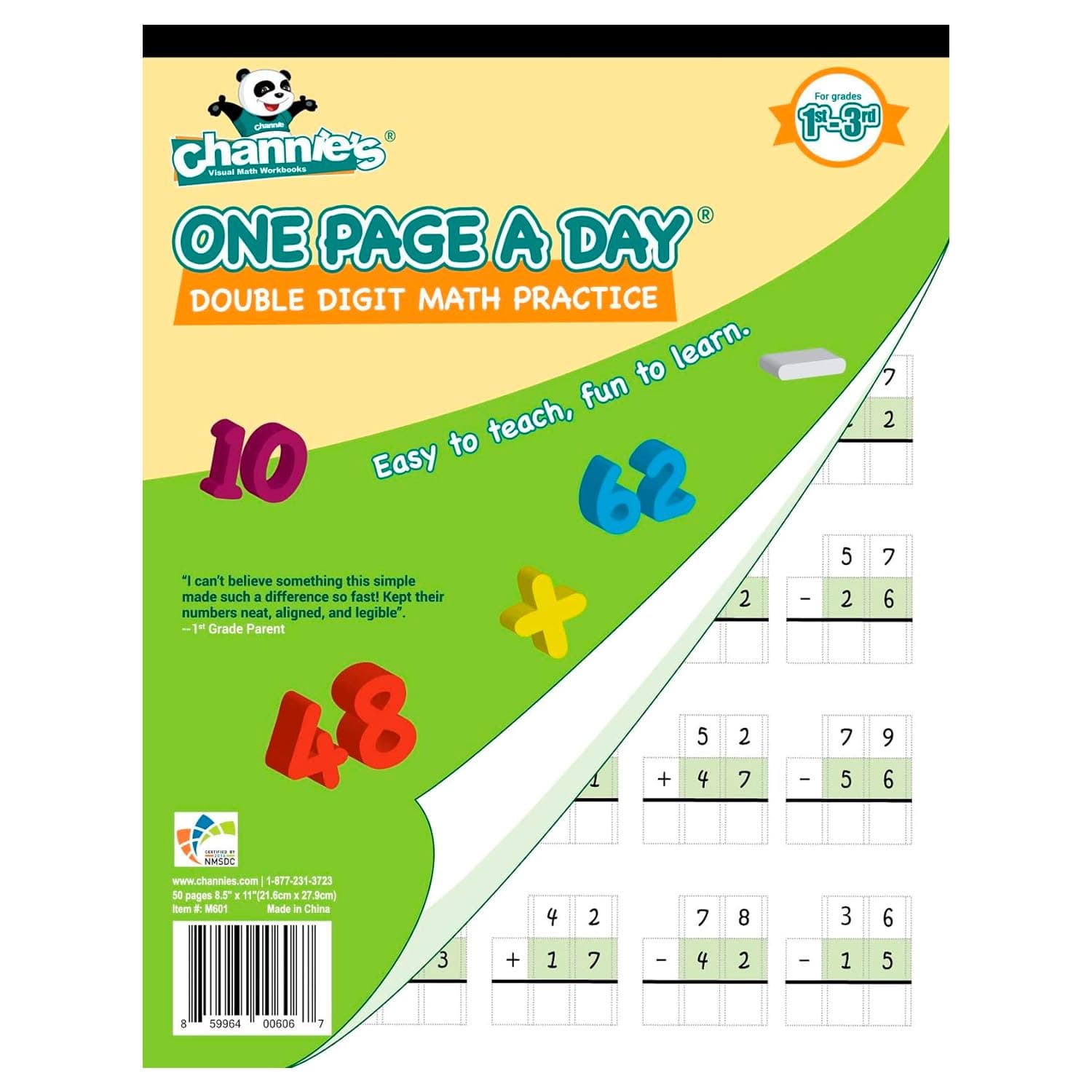 Channie's One Page A Day Double Digit Math Problem Workbook for 1st Graders, 2nd Graders, and 3rd Grade Simply Tear Off On Page a Day For Math Repetition Exercise! Addition and Subtraction Workbook