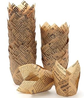 150pcs Tulip Cupcake Liners Baking Cups Muffin Liner Grease-Proof Paper Cupcake Wrappers for Wedding, Birthday Party, Standard Size (Natural Newspaper Printed)