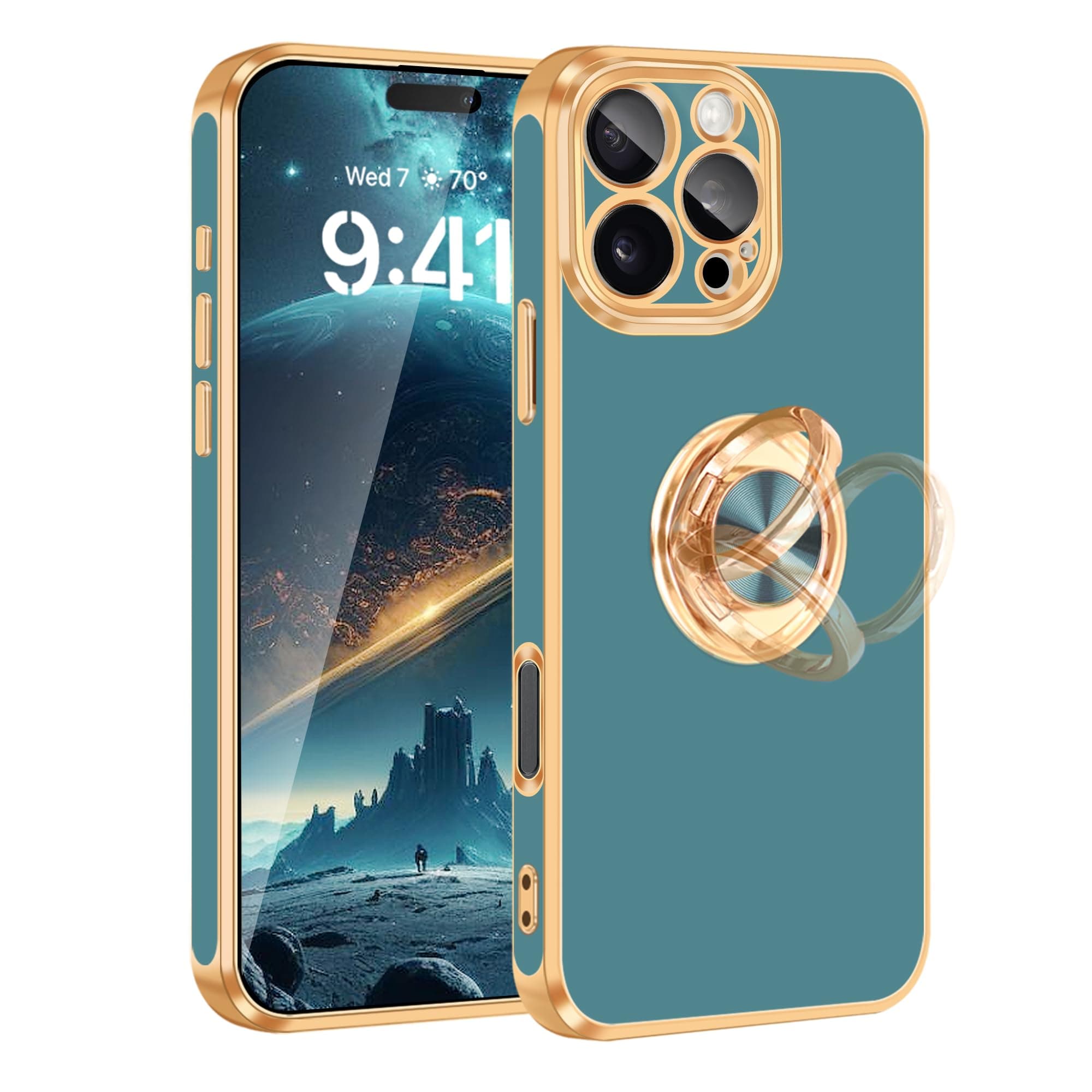 Fingic for iPhone 16 Pro Max Case[with 360°Rotatable Ring Holder][Support Magnetic Car Mount]Shiny Plating Gold Slim Thin Soft TPU Bumper Shockproof Case for iPhone 16 Pro Max for Women Men,Blue Gray