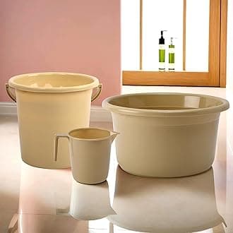 Kuber Industries Set of 3 Bathroom Combo Set | Bathing Set | Bathware Set | Tub-Bucket & Mug Combo Set for Bathroom | Modern Bathroom Accessories Set | Beige