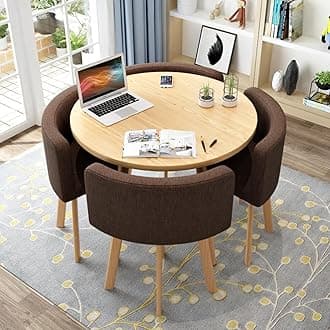 Round Kitchen Dining Table Set for 4, Space Saving Table and Chairs Set with Thick Tabletop 4 Upholstered Chairs, Dinning Room Modern Casual Coffee Table Set(D 31.5inch/80cm, CoffeeA)
