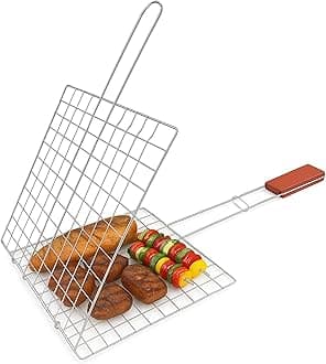 BBQ Grill Basket, Folding Grill Basket with Long Handle, Grids & Grates, Reusable Steel, Strong Fish Grill Basket, Perfect for Grilling Vegetables, Steaks, Shrimp, Sausages (1)