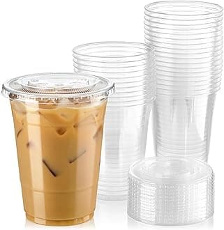 Fit Meal Prep 50 Pack 16 oz Clear Plastic Cups with Flat Lids, Disposable Iced Coffee Cups, BPA Free Premium Crystal Smoothie Cup for Party, Lemonade Stand, Cold Drinks, Juice, Milkshake