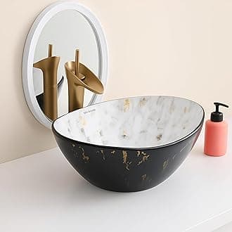 SEA SHORE Imported Premium Designer Ceramic Table Top Wash Basin – Over Counter Vessel Sink with Slim Rim (16 x 12 x 5.5 Inch, Black & White Gold Spot)