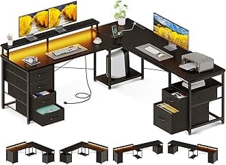 AODK 66" L Shaped Computer Desk, 113“ Reversible Home Office Desk with File Cabinet & 4 Fabric Drawers, Two Person Desk with LED Lights & Power Outlet, Corner Gaming Desk with Monitor Shelf, Black