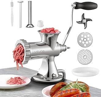 VEVOR Manual Meat Grinder, 304 Stainless Steel Hand Meat Grinder with Suction Cup + Steel Table Clamp, Meat Mincer Sausage Maker & 2 Cutting Plates, Sausage Tube, Grinding Head for Beef Pepper Cookie