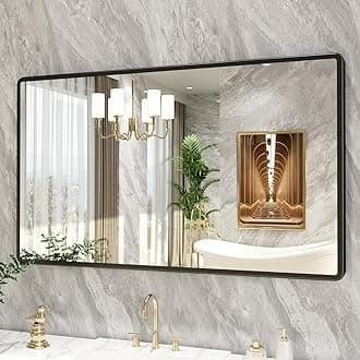 New Upgrade Bathroom Mirror, 50X30 Inch Black Metal Frame Wall Mounted Rounded Rectangle Bathroom Vanity Mirror with Tempered Glass for Washroom Bedroom Living Room