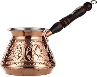 DEMMEX Thick Copper Turkish Greek Arabic Coffee Pot 450 ml, Traditional Hand Engraved Cezve Ibrik Briki with Wooden Handle & Spoon, Handmade in Turkey (Engraved)