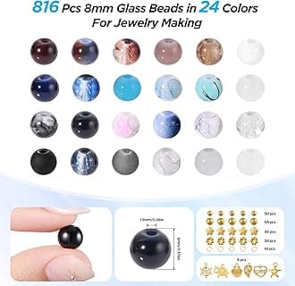 Funtopia 8mm Glass Beads, 992 Pcs Neutral Bracelet Making Kit, 24 Colors Round Assorted Glass Beads for Jewelry Making and DIY Crafts with Spacer Bead and Charms