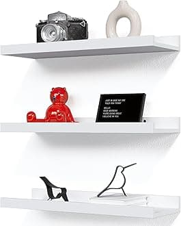 RICHER HOUSE 3 Set White Floating Shelves, 16 inches Wall Mounted White Shelves for Wall Decor, Picture Ledge Shelf with Lip for Storage Nursery, Bedroom, Living Room, Bathroom - White