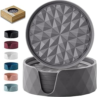 Silicone Coasters for Drinks[6 Pack]- Cup Mat with Holder for Tabletop Protection-Non-Slip, Non-Stick, Coffee Table Decor, Great Gift for Any Occasion, Dark Grey