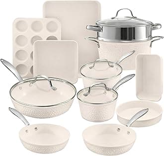 Hammered 15 Piece Pots and Pans Set Non Stick Cookware Set, Pot and Pan Set, Kitchen Cookware Sets, Non Toxic Ceramic Cookware Set, Induction Cookware, Dishwasher Safe, Cream White