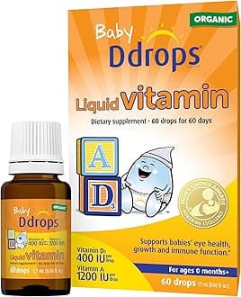 Ddrops® Baby Organic Liquid Vitamins A&D Drops for Infants, 60 Drops. Supports Babies’ Eye Health, Bone Development and Immune Function. Certified Organic, Non-GMOs, Allergy-Friendly