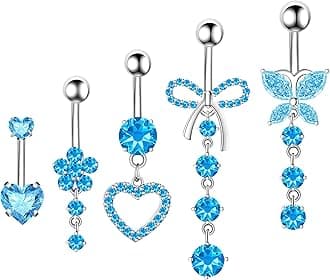 Belly Button Ring with Belly Button Pendant Jewelry Cute Pink CZ Heart Butterfly Flower Belly Button Piercing for Women 14G Silver Stainless Steel Delicate Hanging Piercing