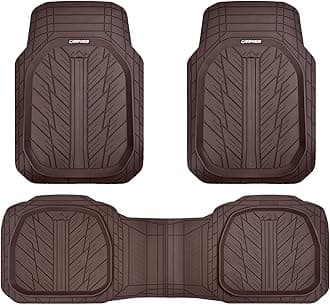 DeepDish Floor Mats for Cars Full Set,Heavy Duty Rubber Car Mats 3-Piece,Universal Waterproof Trim-to Fit Automotive Floor Mats for Truck Van SUV, Durable All-Weather Car Mats(Solid Browm)