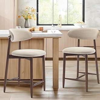 Counter Height Bar Stools Set of 2, Kitchen Bar Stools with Back, Mid Century Modern Upholstered, with Wood Legs for Kitchen Island Dining Room, Beige