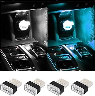 Augeny 4 PCS USB LED Car Interior Atmosphere Lamp, Plug-in USB Decor Night Light, Portable Auto Ambient Lighting Kit, Universal Vehicle Interior Accessories for Most Cars (White & Ice Blue)