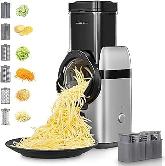 FOHERE Electric Cheese Grater, Upgraded 6-IN-1 Large Feed Chute Electric Vegetable Slicer with Different Blades and Storage Box, Cheese Shredder, Electric Slicer for Cheese, Fruits, Vegetables