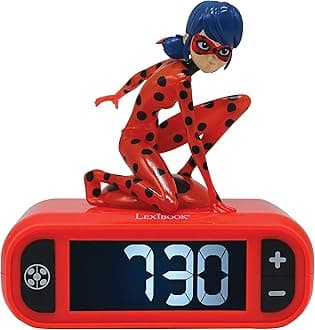 Miraculous Ladybug Cat Noir, Ladybug Nightlight alarm clock, Sounds and Melodies, LCD Backlit screen, Luminous, Snooze, Red, RL800MI