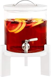 Navaris Beverage Dispenser with Stand - 1.3 Gallon (5L) Glass Drink Dispenser with Stainless Steel Spigot - Drinks Water Parties - White Beech Wood