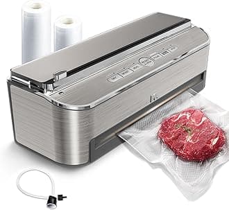Mesliese Vacuum Sealer Machine, 85kPa 120W Automatic Food Sealer, Powerful Sealing System, Build-in Cutter | Bags Storage | Moist Mode and Air Suction Hose | 2 Bag Rolls and 5pcs Bags (Silver)