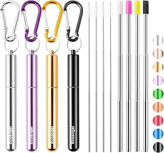 4 Pack Portable Reusable Metal Straw Collapsible Stainless Steel Drinking Straw Telescopic Straw to Drink Water Smoothie with Aluminum Key-chain Case & Cleaning Brush （Black & silver & purple & gold）