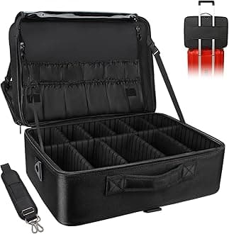 Relavel Extra Large Makeup Case, Makeup Artist Set Bag Professional Cosmetic Organizer Bag Storage Box with Makeup Brush Holder, Adjustable Dividers and Shoulder Strap, Black