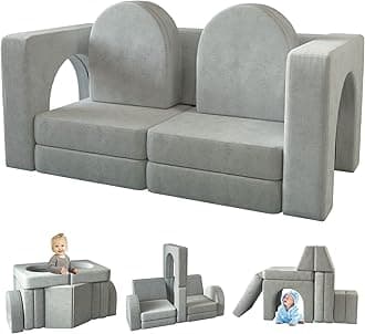 wanan Kids Couch 10PCS, Modular Kids Play Couch for Playroom Bedroom, 10 in 1 Multifunctional Kid Sofa for Playing, Creativing, Sleeping, Indoor Toddler Couches for Boys and Girls(Grey)