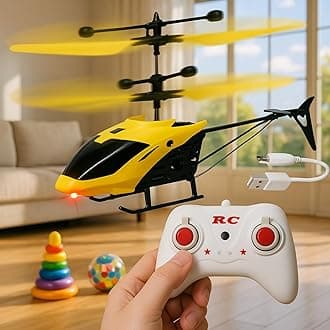 Outdoor and Indoor Flying Helicopter with Remote Control | Electronic Radio RC Remote Control Toy | Charging Helicopter with 3D Light & Safety Sensor for Kids - Pack of 1 - Yellow