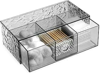 Qtip Holder, Small Makeup Organizer Drawer Case for Countertop, Bathroom Vanity Storage Holder for Cotton Swab, Ball, Floss, Lipstick, Jewelry -ClearGrey