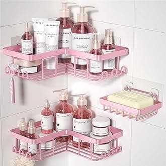 YASONIC Corner Adhesive Shower Caddy, with Soap Holder and 12 Hooks, Rustproof Stainless Steel Bathroom Organizer, No Drilling Wall Mounted Rack, Pink, 3-Pack