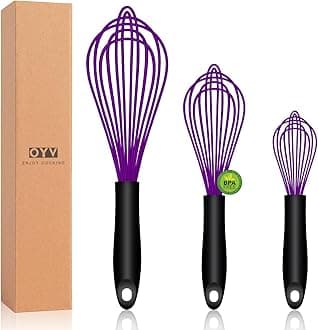 Dishwasher Safe Purple Silicone Whisk, Sealed Waterproof Design Set of 3, Professional Kitchen Whisks for Cooking Non-Scratch, Silicone & Stainless Steel Whisk, Heat Resistant Balloon Egg Beater