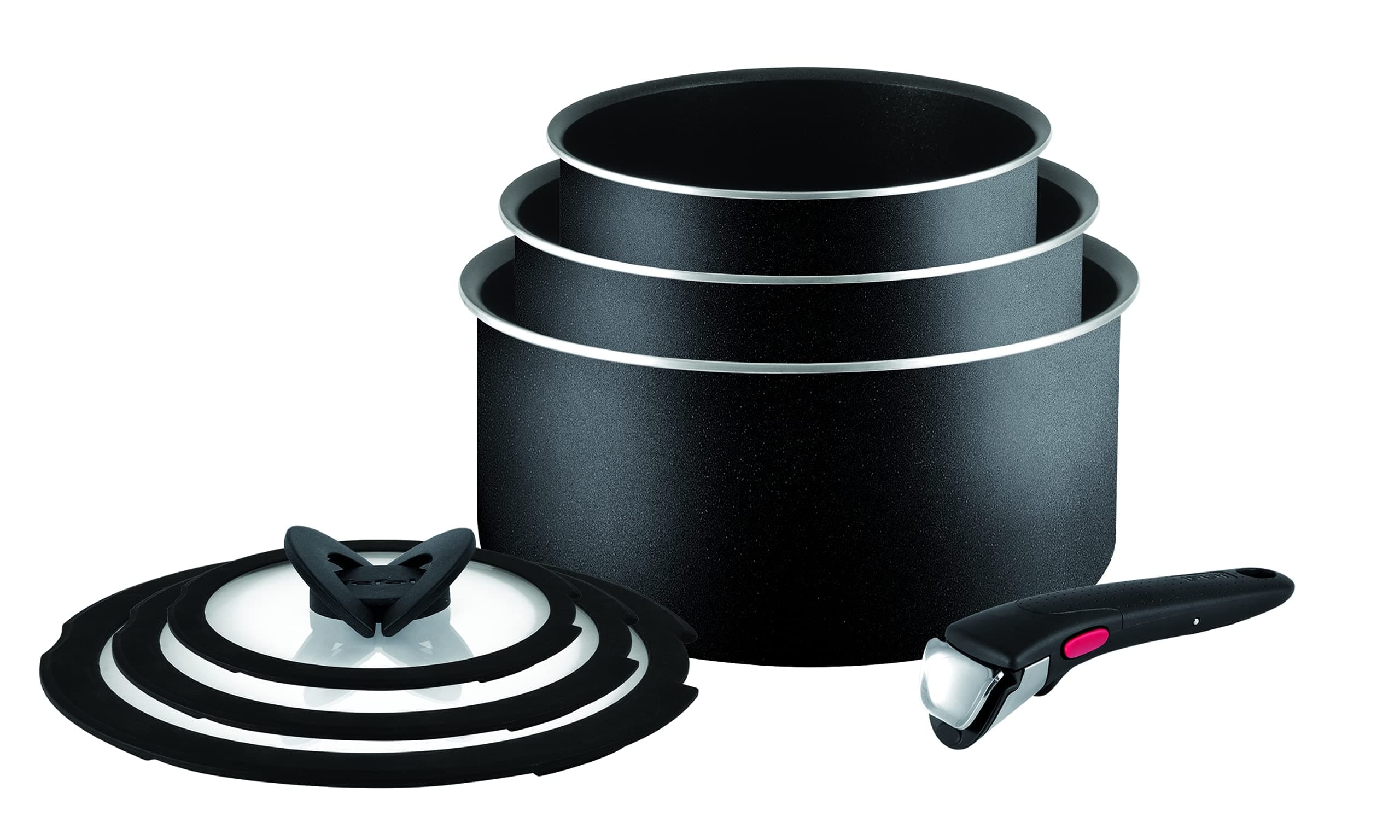Tefal Ingenio Essential Saucepan Set, 7 Pieces, Stackable, Removable Handle, Space Saving, Non-Stick, Black, L2009042