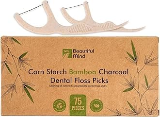 Natural Dental Floss Picks 75 Pack – Organic Biodegradable Floss Sticks with Strong Bamboo Charcoal Thread & Vegan Cornstarch Handle – No Plastics, No Artificial Flavours - Kraft Paper Box