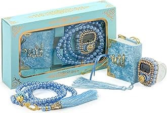 ihvan online Mini Velvet Quran Set with Islamic Finger Counter, Portable Digital Tasbeeh, Muslim Prayer Beads, Pearl Zikirmatic Beads, 3 Pieces Gift Set for Mevlüt (Blue)