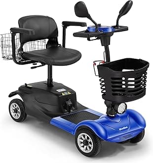 4-Wheel Mobility Scooter for Adults & Seniors, Foldable Compact Travel Scooter with Removable Basket, LED Lights & Long-Lasting Battery, Heavy Duty Model wiht Portable Design (Blue)