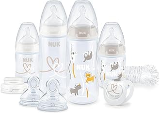 NUK Perfect Start First Choice+ Baby Bottles Set | 0-6 Months | 4 x Temperature Control Bottles, Dummy, Bottle Brush & More | BPA-Free | Safari | 10 Count