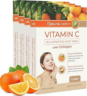 Vitamin C & Collagen Sheet Face Mask - Brightening, Anti-Aging, Skin Nourishing, Moisturizing, Dermatologist Tested, Cruelty Free Korean Skin Care For All Skin Types - 20 Masks