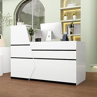 FAMAPY L-Shaped Reception Desk Counter Desk for Retail & Checkout, Modern Front Counter Table, Black Tapes, for Office Lobby White (55.1”W x 39.4”D x 43.3”H)
